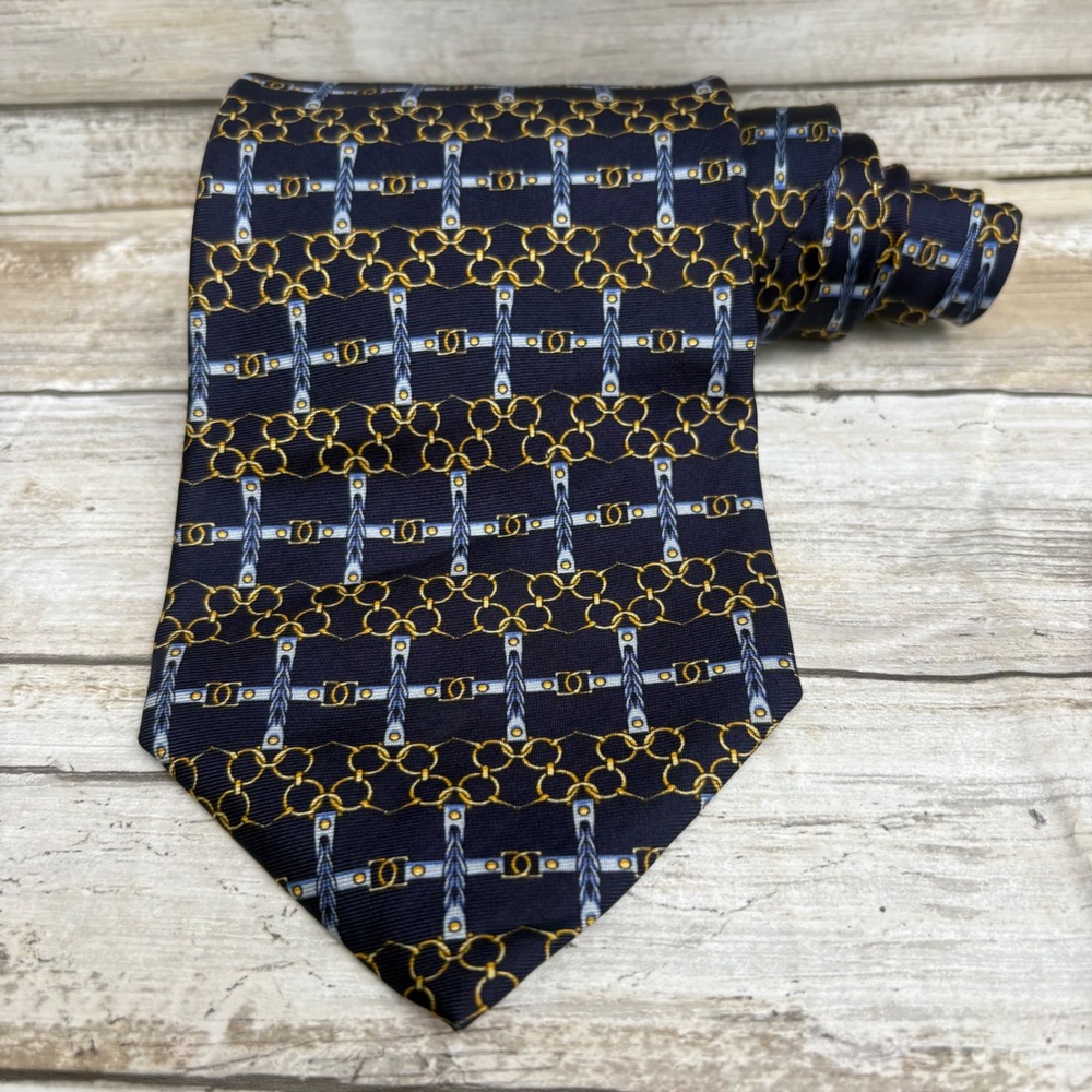 VTG Paolo Designed by Paolo Gucci Silk Tie OS Navy Bluer Equestrian Chain Italy